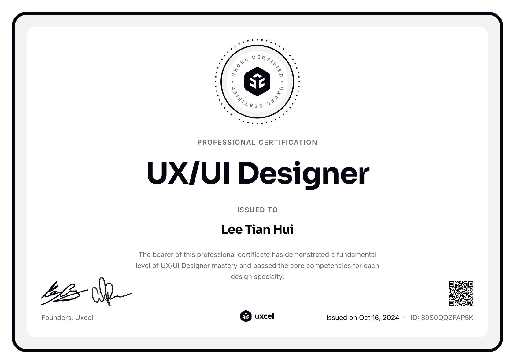 Lee Tian Hui's certificate